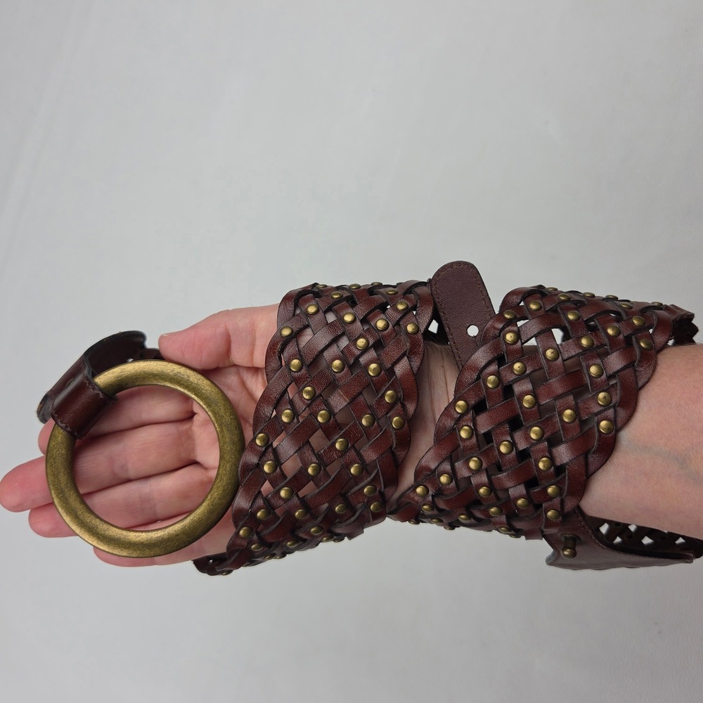 Brown Leather Braided Studded Belt M Wide O-Ring Buckle Boho The Limited Western